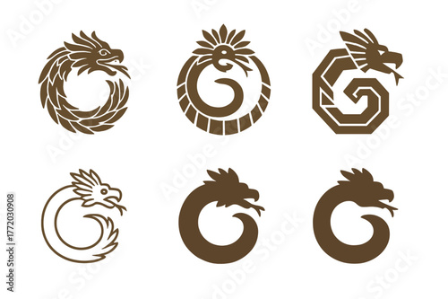 Ancient Deities Icon Set. Ancient gods and goddesses in a mystical landscape. Set Logo of Ancient gods and goddesses in a mystical landscape: Quetzalcoatl