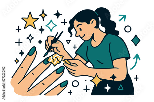 Foil Nail Art. Foil nails. Nail artist applying metallic foil to nails with abstract floating sparkles, arrows, and geometric icons; conveys creativity,