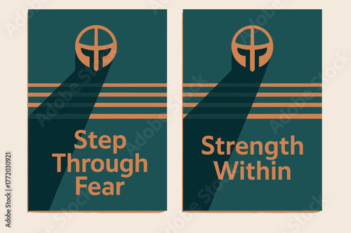 Teal and Copper Helm Banners. Shadow March. Two vertical A6 banners with safe margins, centered composition, no elements touching edges, modern, teal and