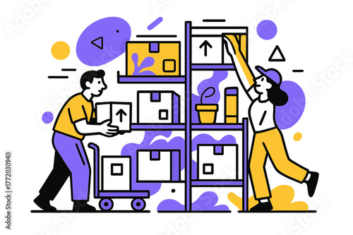 Dynamic Warehouse Restocking. Restocking Supplies. Warehouse shelves being filled with boxes and supplies with floating abstract geometric shapes, productive