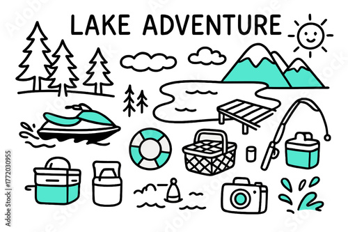 Lake Adventure Doodle. // Lake adventure. Hand-drawn doodle illustration Lake adventure [jet ski, lake outline (accented), pine trees, dock (accented), life