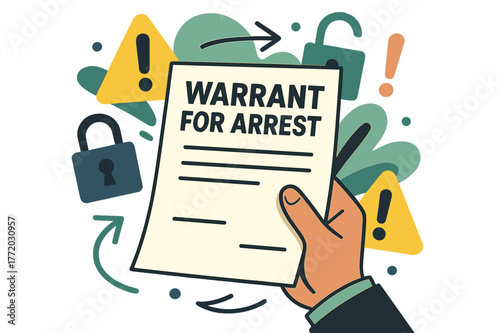 Dynamic Arrest Scene. Warrant for arrest. Hand holding official arrest document with abstract floating warning icons, locks, and exclamation marks; emphasizes