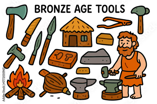 Bronze Age Tools. Bronze Age tools. Colorful Hand-drawn doodle Children illustration Bronze Age tools axe head, knife blade, spear point, hammer, tongs, mold,