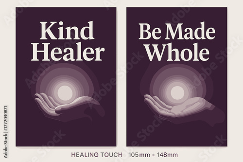 Healing Hand Banners. Healing Touch. Two vertical A6 banners with safe margins, centered composition, no elements touching edges, bold, plum and silver,