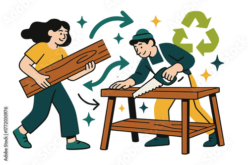 Eco-Friendly DIY Artistry. Upcycling and creative reuse of materials. DIY furniture project using reclaimed wood with abstract floating arrows, icons, and