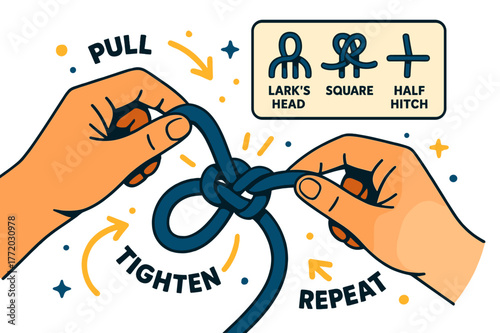 Knot Tying Techniques. Basic knots (lark?s head, square, half hitch). Close-up hands tie crisp knots; ?Pull ? Tighten ? Repeat? dances as arrows. A minimal
