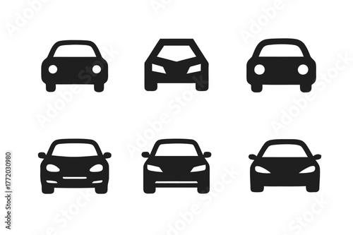 Stylized Car Icons Grid. Traffic Rule Infographic. Set Logo of Car Icon: Filled silhouette, Abstract geometric, Negative space, Symmetrical form, Stylized