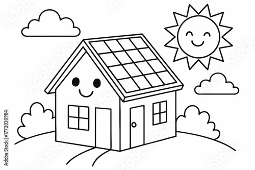 Cheerful Solar House. Solar panels on house roof children?s coloring book illustration, outlined drawing, a cheerful house with tilted panels on the roof under