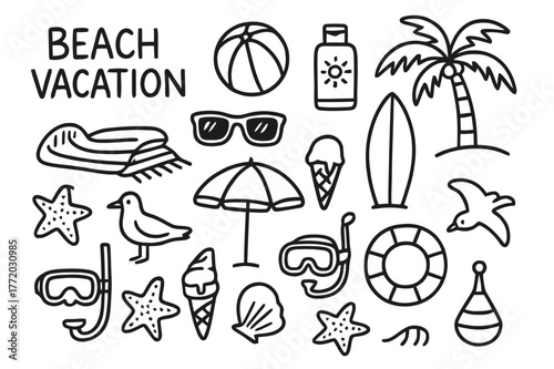 Beach Vacation Doodles. Beach vacation. Hand-drawn doodle illustration Beach vacation, beach ball, sunglasses, sunscreen, beach towel, palm tree, surfboard,