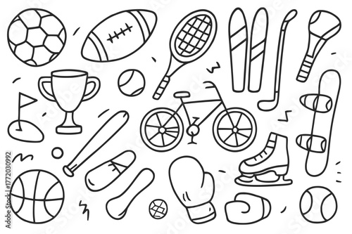 Sports Equipment Doodles. Sport. Hand-drawn doodle illustration Sport soccer balls, basketballs, footballs, tennis rackets, bikes, skates, surfboards, skis,