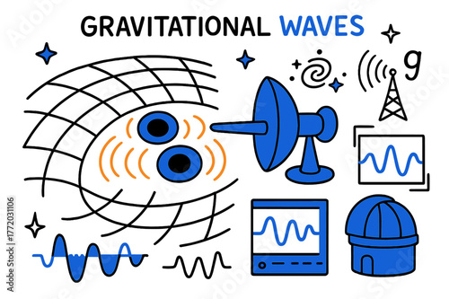 Gravitational Waves Doodle. // Gravitational waves. Hand-drawn doodle illustration Gravitational waves [curved grid (accented), two black holes (accented),
