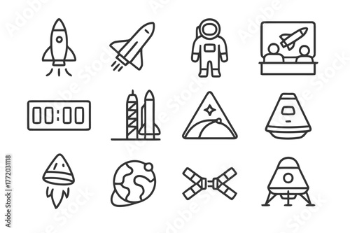 Space Travel Icons. Space travel. Line icon set of space travel: rocket launch, shuttle, astronaut, control center, countdown clock, launch pad, mission patch,