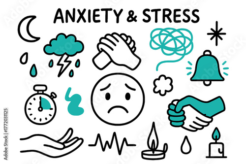 Stress Doodle Icons. // Anxiety & stress. Hand-drawn doodle illustration Anxiety & stress [worried face (accented), clasped hands (accented), storm cloud
