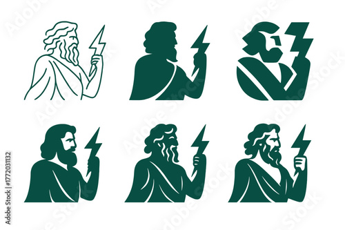 Ancient Deity Emblems. Ancient gods and goddesses in a mystical landscape. Set Logo of Ancient gods and goddesses in a mystical landscape: Zeus thunderbolt.