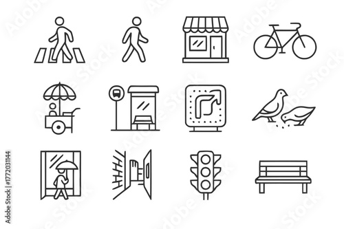 Street Icons Set. Street Photography. Line icon set of Street Photography: crosswalk, passerby, storefront, bicycle, street vendor, bus stop, neon sign,