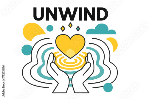 Healing Waves Unwind. Trauma Release. Abstract waves ripple outward from curled hands; heart-centered glow spreads softly. ?Unwind? floats above with tiny