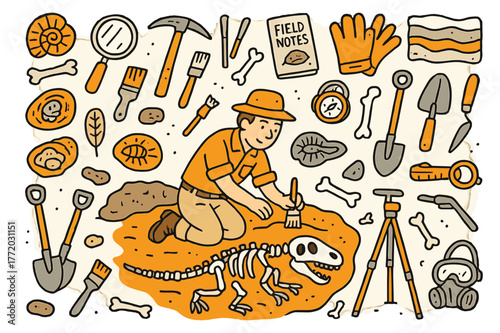Colorful Dinosaur Excavation Scene. Dinosaur excavation. Hand-drawn doodle illustration paleontologist (colored), dinosaur skeleton (colored),