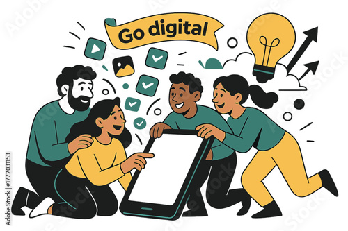 Digital Transformation Unleashed. Embracing digital transformation. Teams huddle around a giant tablet as apps swirl upward; ?Go digital? appears on a floating