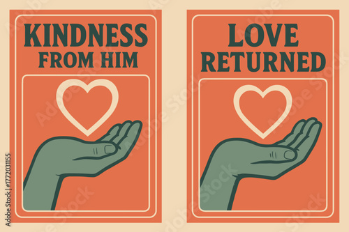 Retro Compassion Banners. Compassion. Two vertical A6 banners with safe margins, centered composition, no elements touching edges, retro, coral and teal, open