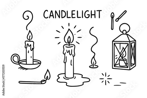 Candlelight Doodle Illustration. Candlelight. Hand-drawn doodle illustration candlelight candle, wax drips, wick, flame, holder, lantern, matches, smoke curl,