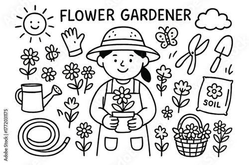Flower Gardener Doodle. Flower gardener. Hand-drawn doodle illustration flower gardener flowers, pot, watering can, gloves, shears, hat, spade, soil bag,