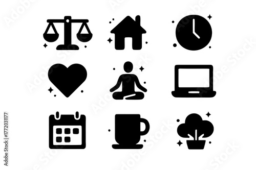 Balance Icons Grid. Work-Life Balance. Solid icons set of Work-Life Balance: scale, house, clock, heart, yoga pose, laptop, calendar, cup, plant, sun, moon,