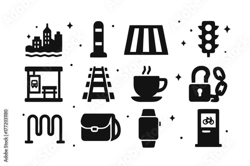 Coastal Cycling Icons. Coastal city cycling commute. Solid icons set of Coastal city cycling commute: city skyline, bike lane bollard, crosswalk, traffic