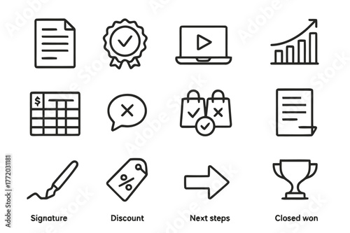 Sales Pitch Icons. Sales Pitch. Line icon set of Sales Pitch: proposal document, value proposition badge, product demo, ROI chart, pricing table, objection