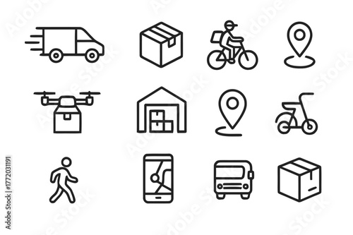 Efficient Logistics Icons. Efficient logistics. Line icon set of efficient logistics: delivery van, package, bicycle courier, drone, warehouse, map marker,