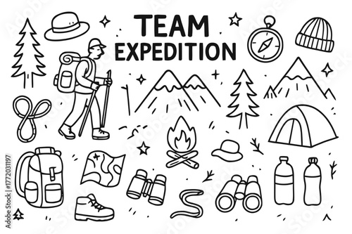 Hiking Adventure Doodle. Team Expedition. Hand-drawn doodle illustration Team Expedition group of hikers, mountains, backpack, tent, walking sticks, compass,