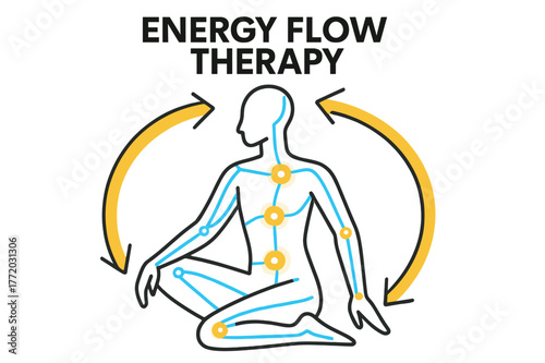 Energy Flow Dynamics. Energy Flow Therapy. Abstract body form surrounded by circular arrows; bright lines trace meridians and joints. Subtle glowing centers