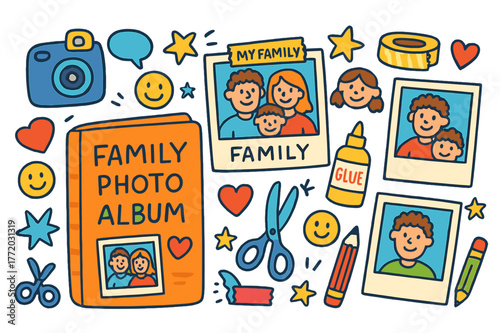 Family Photo Memories. Family photo album. Colorful Hand-drawn doodle Children illustration Family photo album scrapbook, stickers, camera, hearts, Polaroid