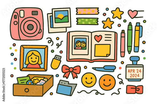 Home Memory Keeping. Memory keeping at home. Colorful Hand-drawn doodle Children illustration Memory keeping at home instant camera, photo prints, scrapbook,