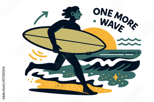 Surfer's Last Wave. Surfer at last light. A board tucks under one arm as the tide drags glitter; ?One more wave? floats above the foam. Distant breakers repeat