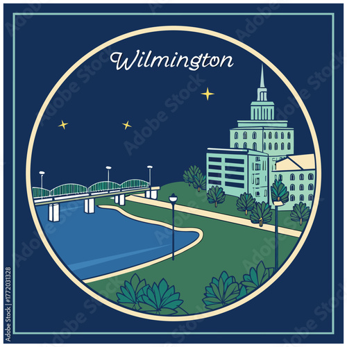 Wilmington Cityscape Emblem Featuring Bridge, Historic Building, and Night Sky