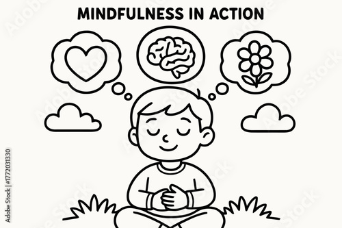 Mindfulness Coloring Book. Mindfulness in action children?s coloring book illustration, outlined drawing, a child peacefully breathing with thought bubbles