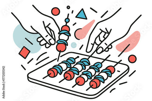 Vibrant Caprese Skewers. Caprese Skewers. Hands arranging caprese skewers on a serving tray with floating abstract geometric shapes, fresh and vibrant moment.