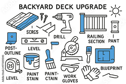Backyard Deck Essentials. // Backyard deck upgrade. Hand-drawn doodle illustration backyard deck upgrade [deck boards (accented), screws (accented),