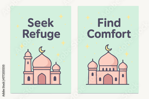 Seek Refuge, Find Comfort. Refuge in Him. Two vertical A6 banners with safe margins, centered composition, no elements touching edges, cartoon, pastel mint and