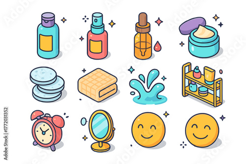 Colorful Skincare Icons. Daily skincare routine. Colorful isometric vector icons set of Daily skincare routine: cleanser bottle, toner spray, serum dropper,