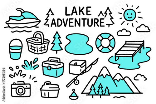 Lake Adventure Icons. // Lake adventure. Hand-drawn doodle illustration Lake adventure [jet ski, lake outline (accented), pine trees, dock (accented), life
