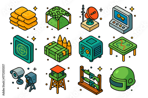 Isometric Military Icons. Military bunker. Colorful isometric vector icons set of military bunker: sandbags, camouflage net, radio antenna, security console,