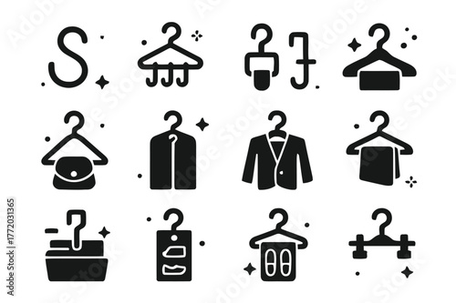 Closet Hook Icons. Closet organization hooks. Solid icons set of Closet organization hooks: S-hook, cascading hanger, belt hook, tie rack, purse hanger,