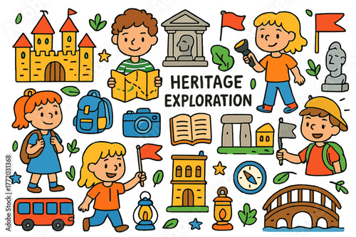 Heritage Adventure Icons. heritage exploration. Colorful Hand-drawn doodle Children illustration heritage exploration castle, museum, ancient monument, guide,