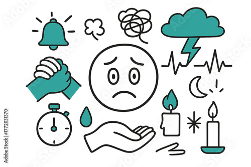Stress Relief Doodles. // Anxiety & stress. Hand-drawn doodle illustration Anxiety & stress [worried face (accented), clasped hands (accented), storm cloud