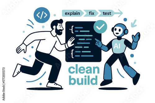 AI Code Helper. AI Assistants ? Code Helper. The bot highlights a neat code block while a green check appears; arrows label ?explain > fix > test?. Caption