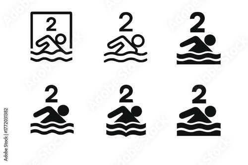 Swim Tracking Logos. Swim tracking. Set Logo of Swim tracking: swimmer lane icon with lap counter. harmonious logo variations of the same emblematic concept,
