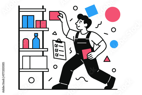 Abstract Inventory Arrangement. Restocking Supplies. Person checking inventory and placing items on shelves with floating abstract geometric shapes, organized