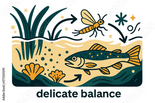 Dynamic River Ecosystem. River Ecosystem ? Freshwater Life. Fish glide under reeds; arrows trace food chain links from algae > insects > trout. Caption