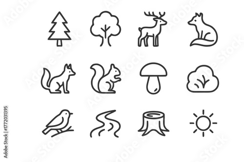 Wild Forest Icons. Wild forest. Line icon set of wild forest: pine tree, oak tree, deer, fox, squirrel, mushroom, bird, river, bush, fallen leaves, tree stump,